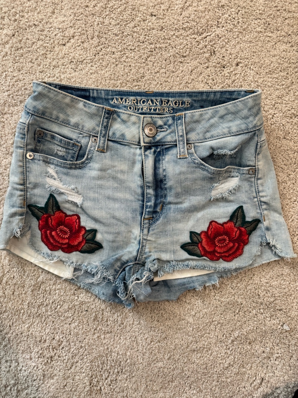 American Eagle Outfitters Light Blue Denim Shorts with Red Rose Patches